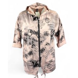   Tele feliratos,  egyenes fazonú, kapucnis, zsebes, cipzáras, olasz pamut kardigán- púder szín