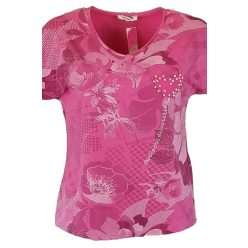   Tele mintás, V-nyakú, rövid ujjú, pamut anyagból készült fiatalos olasz felsőrész, kis gyöngyös szív díszítéssel- pink