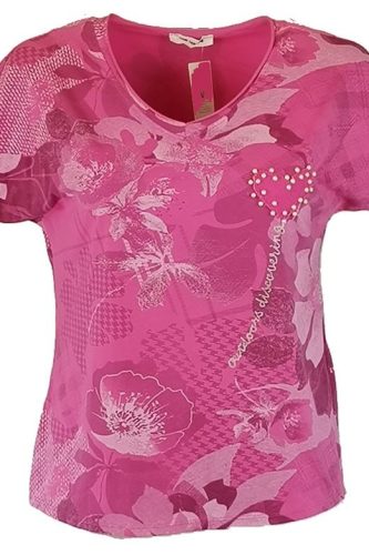 Tele mintás, V-nyakú, rövid ujjú, pamut anyagból készült fiatalos olasz felsőrész, kis gyöngyös szív díszítéssel- pink