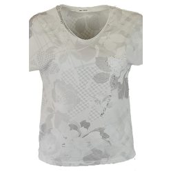   Tele mintás, V-nyakú, rövid ujjú, pamut anyagból készült fiatalos olasz felsőrész, kis gyöngyös szív díszítéssel- fehér