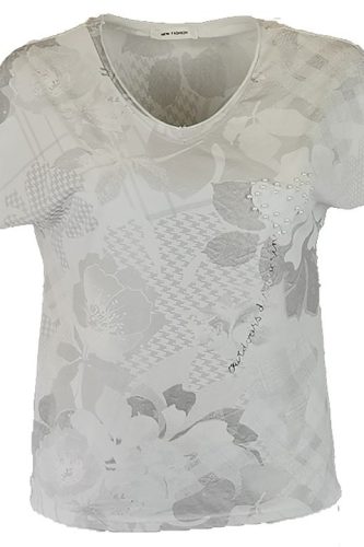 Tele mintás, V-nyakú, rövid ujjú, pamut anyagból készült fiatalos olasz felsőrész, kis gyöngyös szív díszítéssel- fehér