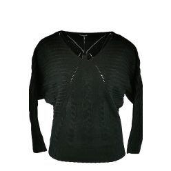   Denevér ujjú, V-nyakú, hosszú ujjú, egyszínű magában mintás, kötött pulóver- fekete