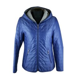   Steppelt, egyszínű, cipzáras,  pamuttal bélelt kapucnis, béléses, rövid fazonú, fiatalos steppelt olasz dzseki, cipzáras zsebekkel- kék