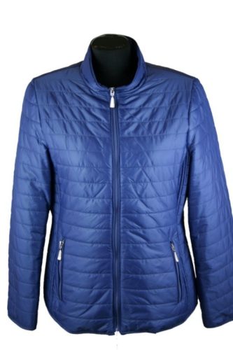 Álló nyakú, steppelt, egyszínű, cipzáras, béléses, csípőig érő fazonú, fiatalos steppelt olasz dzseki, cipzáras zsebekkel- kék