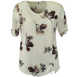   Maggi, rövid muszlin ujjú, környakú, krém szín alapon levél mintás viszkóz anyagból készült, egyenes fazonú, molett lengyel tunika- krém szín, barna