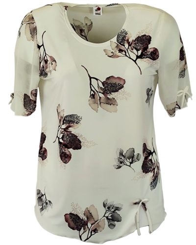 Maggi, rövid muszlin ujjú, környakú, krém szín alapon levél mintás viszkóz anyagból készült, egyenes fazonú, molett lengyel tunika- krém szín, barna