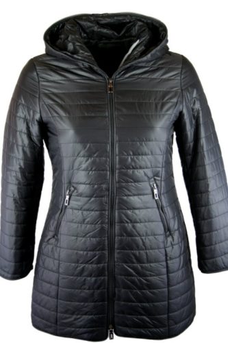 Hosszított karcsúsított fazonú, steppelt, egyszínű, cipzáras, béléses, fiatalos steppelt olasz dzseki, cipzáras zsebekkel- fekete