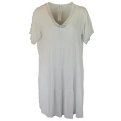   Rövidebb fazonú rövidujjú pamut-selyem alkalmi olasz ruha csipkés V- nyakkal - fehér