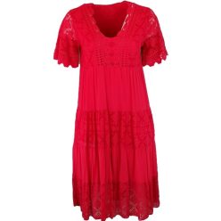   V-nyakú csipke-selyem-pamut ruha, hosszú egyenes fazonú, alkalmi olasz ruha, csipkés rövidujjú, pamut béléssel- piros