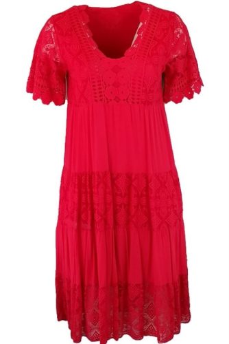 V-nyakú csipke-selyem-pamut ruha, hosszú egyenes fazonú, alkalmi olasz ruha, csipkés rövidujjú, pamut béléssel- piros