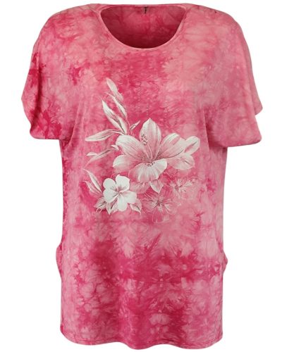 Lily batikolt pamut anyagú, rövidujjú, környakú, hosszított fazonú, "A"- vonalú, molett pamut török tunika, fehér virág mintával az elején- pink