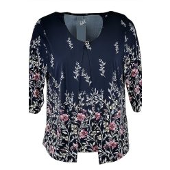   Dupla elejű, környakú, 3/4-es ujjú, mintás viszkóz alkalmi felsőrész egy díszgombbal a nyakrésznél- sötétkék, rózsaszín