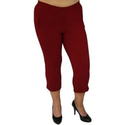   Kényelmes csinos magas gumis derekú, sztreccses anyagú, capri fazonú egyszínű nyári nadrág cipzáras zsebekkel - bordó