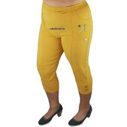   Nagyon rugalmas sztreccs anyagú, gumis derekú, egyszínű molett nyári capri nadrág gombokkal és cipzár díszítéssel a zsebén- erős sárga