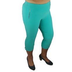   Kényelmes csinos magas gumis derekú, sztreccses anyagú, capri fazonú egyszínű nyári nadrág cipzáras zsebekkel - türkíz zöld