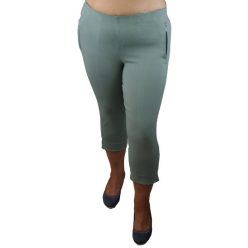   Kényelmes csinos magas gumis derekú, sztreccses anyagú, capri fazonú egyszínű nyári nadrág cipzáras zsebekkel - keki zöld