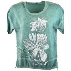   Nagy virágokkal díszített, egyszínű, rövidebb egyenes fazonú, környakú, rövidujjú,  pamut-len anyagból készült, alul meghúzható kötővel, fiatalos olasz tunika- türkíz zöld