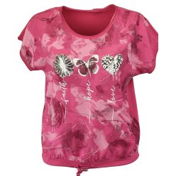   Batikolt elejű felső 3 kis mintával az elején, hátul sima egyszínű pamut anyagból készült, rövid ujjú, környakú, fiatalos olasz felsőrész, alul meghúzható zsinórral- pink