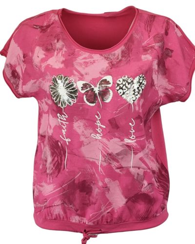 Batikolt elejű felső 3 kis mintával az elején, hátul sima egyszínű pamut anyagból készült, rövid ujjú, környakú, fiatalos olasz felsőrész, alul meghúzható zsinórral- pink