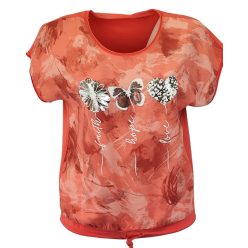   Batikolt elejű felső 3 kis mintával az elején, hátul sima egyszínű pamut anyagból készült, rövid ujjú, környakú, fiatalos olasz felsőrész, alul meghúzható zsinórral- korall szín