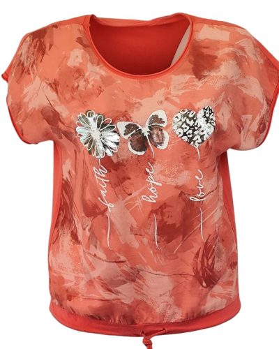 Batikolt elejű felső 3 kis mintával az elején, hátul sima egyszínű pamut anyagból készült, rövid ujjú, környakú, fiatalos olasz felsőrész, alul meghúzható zsinórral- korall szín