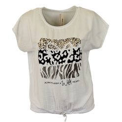   Wild heart, ocelot állat mintás, hátul sima egyszínű pamut anyagból készült, rövid ujjú, környakú, fiatalos olasz felsőrész, alul meghúzható zsinórral- fehér