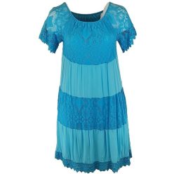   Hosszú, csipke-selyem-pamut ruha, lefelé bővülő fazonú, gumírozott vállra húzható környakú, alkalmi olasz ruha, pamut béléssel- szirénakék