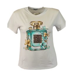   Nagy menta zöld-arany parfümös üveg mintával díszített elejű, egyszínű fehér képes olasz póló- fehér