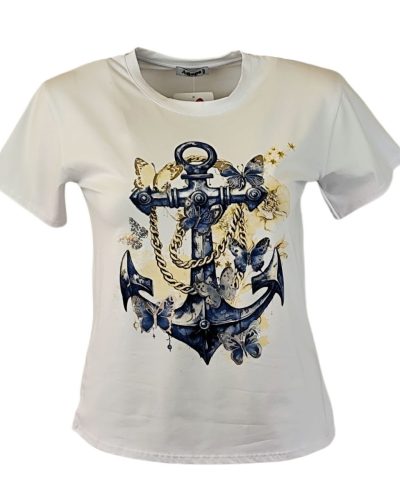 Óriás kék arany horgony mintával díszített elejű, egyszínű fehér képes olasz póló- fehér