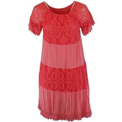   Hosszú, csipke-selyem-pamut ruha, lefelé bővülő fazonú, gumírozott vállra húzható környakú, alkalmi olasz ruha, pamut béléssel- korallszín