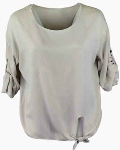 Egyszínű, egyenes csípőre érő fazonú, hosszú ujjú, környakú, fiatalos olasz felsőrész, alul oldalt megköthető masnival- drapp