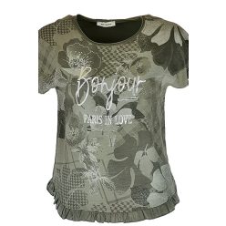   Fodros aljú, ezüst bonjour feliratos virágos elejű, hátul sima pamut anyagból készült, rövid ujjú, környakú, fiatalos olasz felsőrész- keki zöld, ezüst