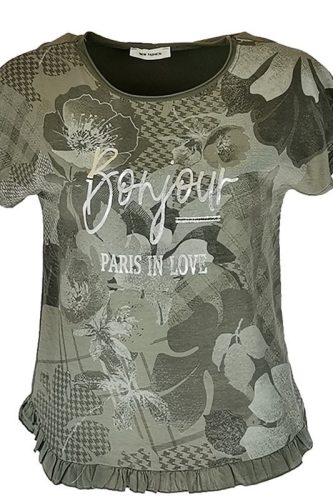 Fodros aljú, ezüst bonjour feliratos virágos elejű, hátul sima pamut anyagból készült, rövid ujjú, környakú, fiatalos olasz felsőrész- keki zöld, ezüst