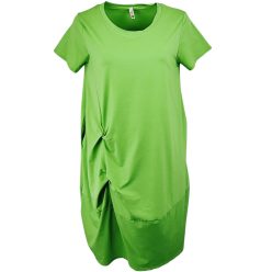   Csomós elejű, hosszú bő egyenes fazonú, molett pamut olasz ruha, környakú, rövidujjú- élénk kivi zöld