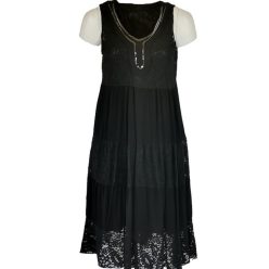   Flitteres csipkés V-nyakú, ujjatlan dupla csipke-selyem-pamut alkalmi olasz ruha- fekete