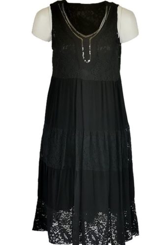 Flitteres csipkés V-nyakú, ujjatlan dupla csipke-selyem-pamut alkalmi olasz ruha- fekete