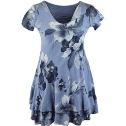   Virág mintás rövid ujjú, lefelé bővülő, dupla géz pamut anyagú, fodros nyári ruha- farmerkék