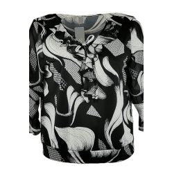   Fodros kötős környakú, Maggi, fekete alapon nagy fehér hullám mintás, 3/4-es muszlin ujjú, lengyel alkalmi felső, alul passzéval- fekete, fehér