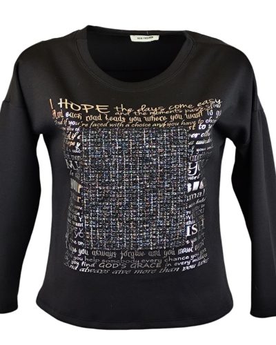 Egyszínű, vastagabb puntó anyagú, környakú, hosszú ujjú, fiatalos olasz felsőrész- fekete