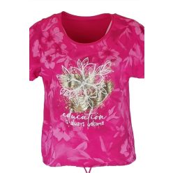   Education feliratos, nagy arany virágos, batikolt elejű, hátul sima egyszínű pamut, rövid ujjú, környakú, fiatalos olasz felsőrész, alul meghúzható zsinórral- pink, fehér, arany