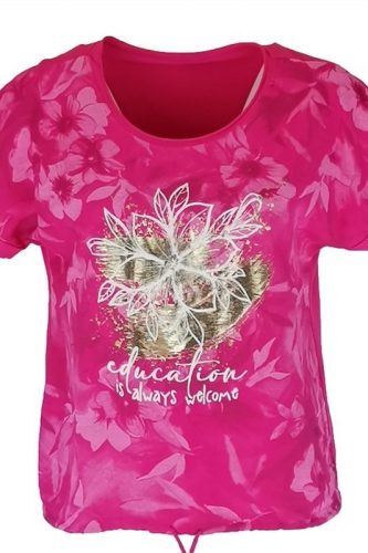 Education feliratos, nagy arany virágos, batikolt elejű, hátul sima egyszínű pamut, rövid ujjú, környakú, fiatalos olasz felsőrész, alul meghúzható zsinórral- pink, fehér, arany