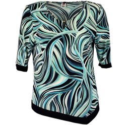   Maggi, rövidujjú, környakú, krém szín alapon levél mintás viszkóz anyagból készült, egyenes fazonú, ferde aljú, molett lengyel tunika- türkíz zöld