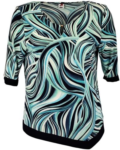 Maggi, rövidujjú, környakú, krém szín alapon levél mintás viszkóz anyagból készült, egyenes fazonú, ferde aljú, molett lengyel tunika- türkíz zöld