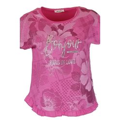   Fodros aljú, ezüst bonjour feliratos virágos elejű, hátul sima pamut anyagból készült, rövid ujjú, környakú, fiatalos olasz felsőrész- pink, ezüst
