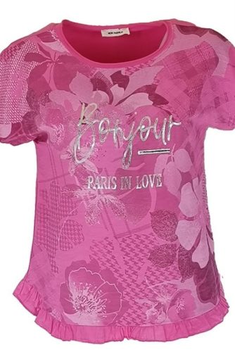Fodros aljú, ezüst bonjour feliratos virágos elejű, hátul sima pamut anyagból készült, rövid ujjú, környakú, fiatalos olasz felsőrész- pink, ezüst