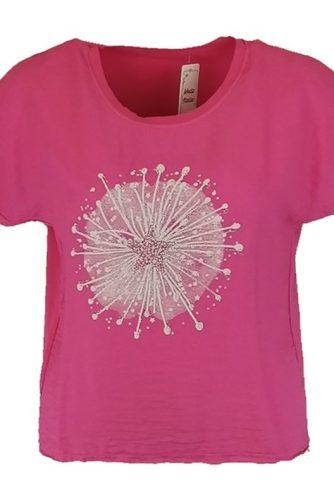 Óriás fehér pitypang fej mintás elejű, hátul sima egyszínű pamut anyagból készült, rövid ujjú, környakú, fiatalos olasz felsőrész- pink, fehér