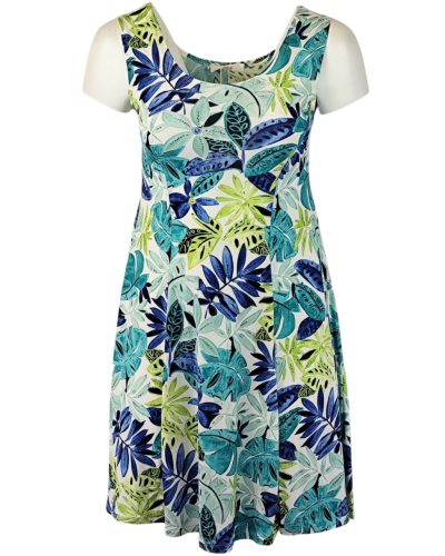 Fruzsi, ujjatlan, alkalmi, mintás nyári ruha, karcsúsított, lefelé bővülő térdig érő fazonú, viszkóz anyagból készült, környakú- sárga