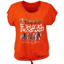   Wild heart, ocelot állat mintás, hátul sima egyszínű pamut anyagból készült, rövid ujjú, környakú, fiatalos olasz felsőrész, alul meghúzható zsinórral- narancssárga