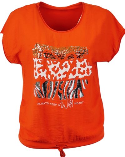 Wild heart, ocelot állat mintás, hátul sima egyszínű pamut anyagból készült, rövid ujjú, környakú, fiatalos olasz felsőrész, alul meghúzható zsinórral- narancssárga