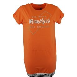  Sportos, feliratos, rövid ujjú, hosszú egyenes fazonú, pamut anyagú, fiatalos olasz ruha alul körbe love szegéllyel - narancssárga